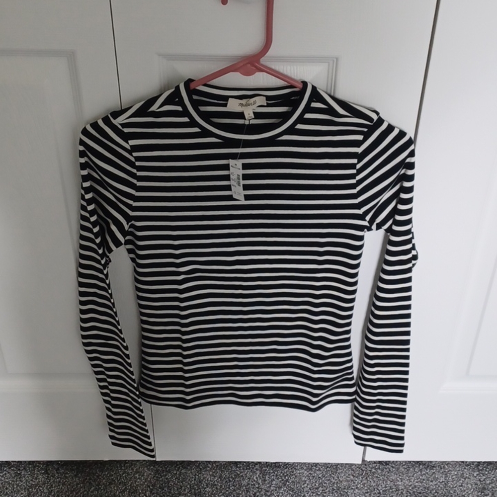 New Madewell The '90's Long-Sleeve Tee in Compact Cotton Bengal Stripe Small - Picture 3 of 6